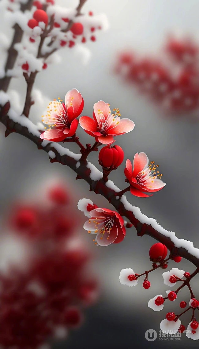 红梅独自开，大雪纷飞中开放的红色梅花唯美意境图片 第3张
