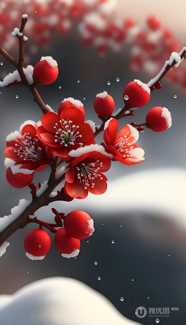 红梅独自开，大雪纷飞中开放的红色梅花唯美意境图片 第2张