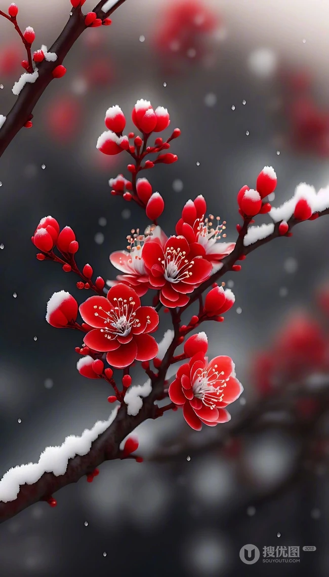 红梅独自开，大雪纷飞中开放的红色梅花唯美意境图片 第5张