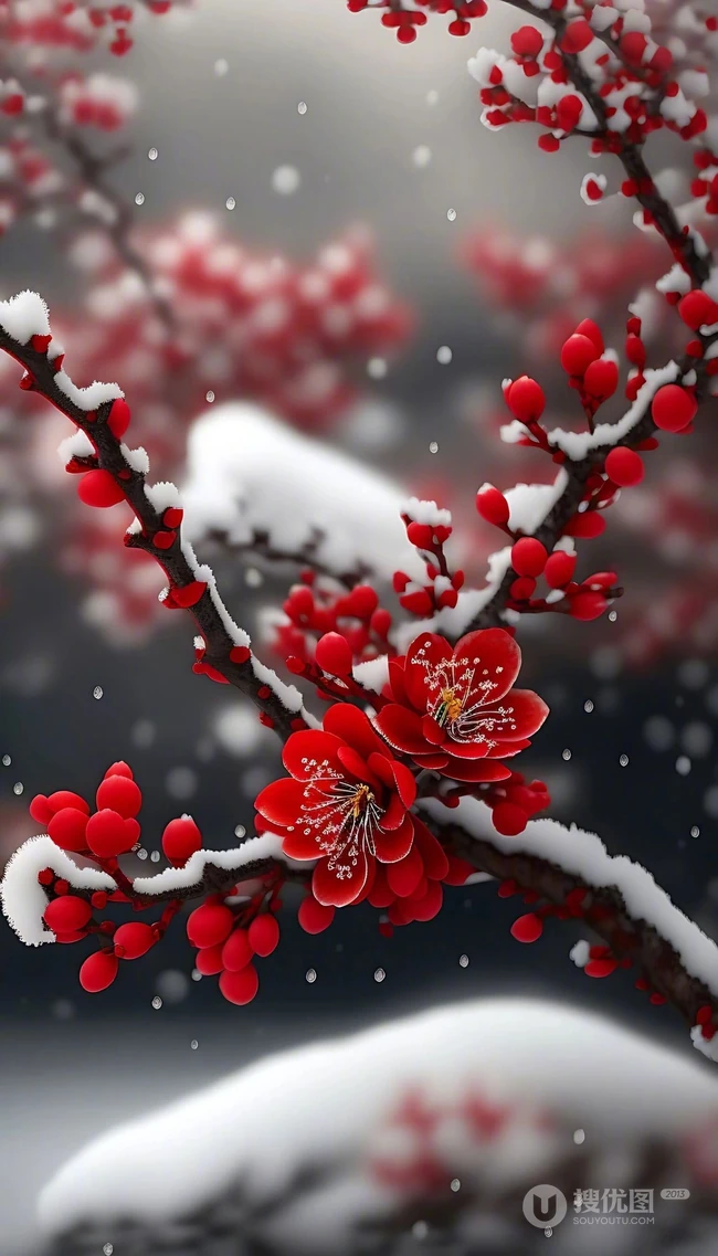 红梅独自开，大雪纷飞中开放的红色梅花唯美意境图片 第6张