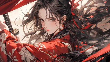 长发飘逸，身着古装红裙，手拿宝刀的超好看动漫美女插画壁纸图片