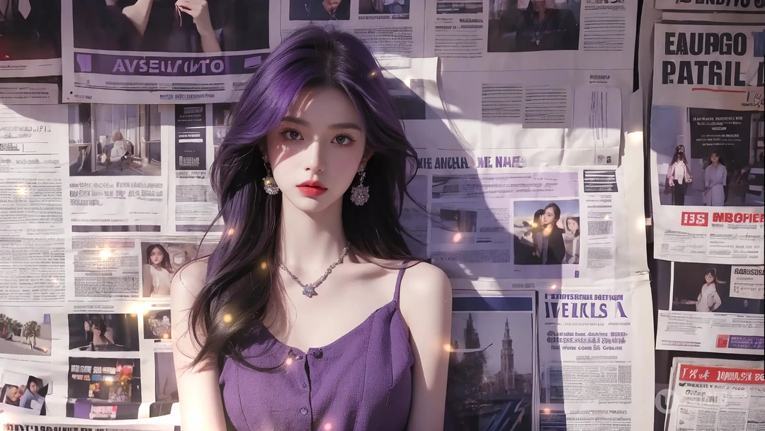 报纸，墙壁，身着紫色吊带长裙的超美美女半身照桌面壁纸图片