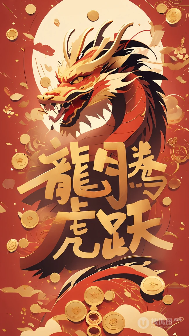 龙年大吉文字手机壁纸，惟妙惟肖的2024龙年大吉节日手机壁纸图片