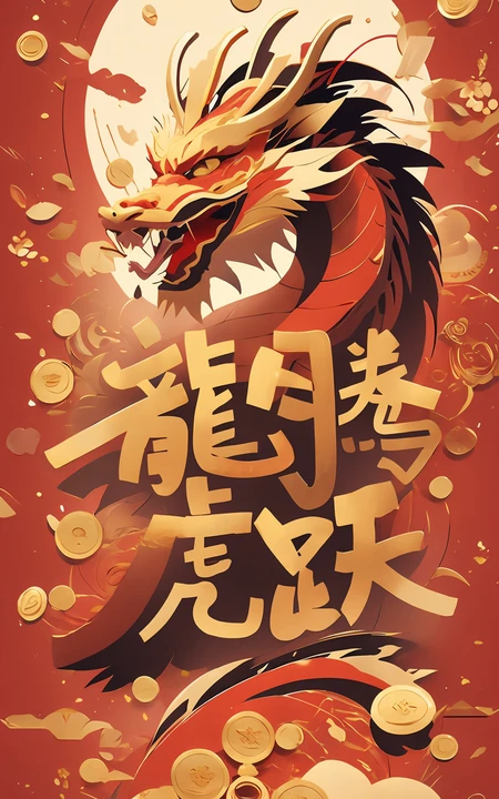 龙腾虎跃文字手机壁纸，红色，喜庆，2024中国年龙年节日手机壁纸图片