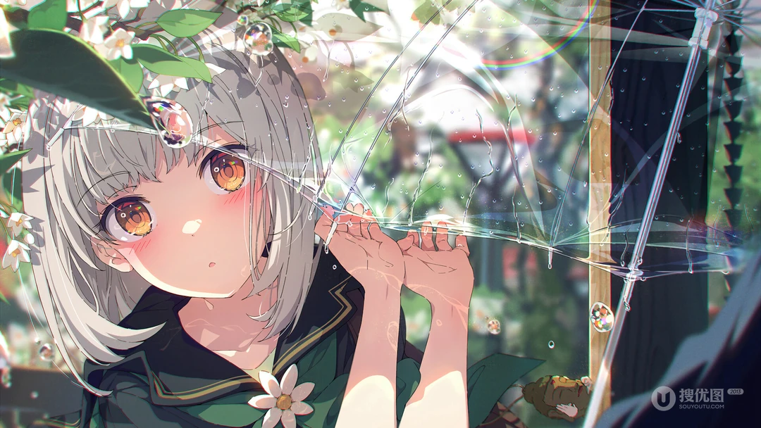下雨天，手扶着透明雨伞看着你的二次元短发美少女唯美桌面壁纸图片