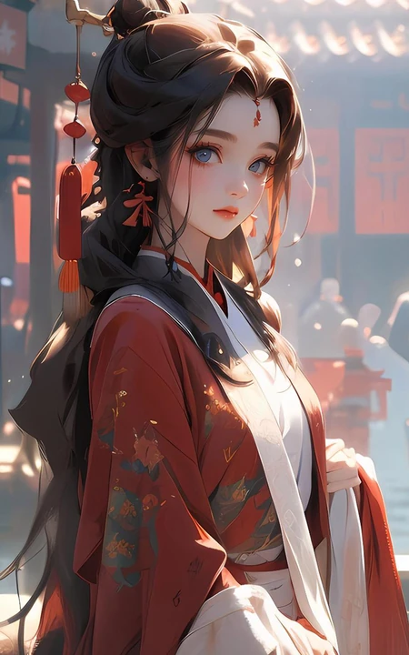 戴着小灯笼头钗的红衣古装长裙AI美女古街街边美图手机壁纸