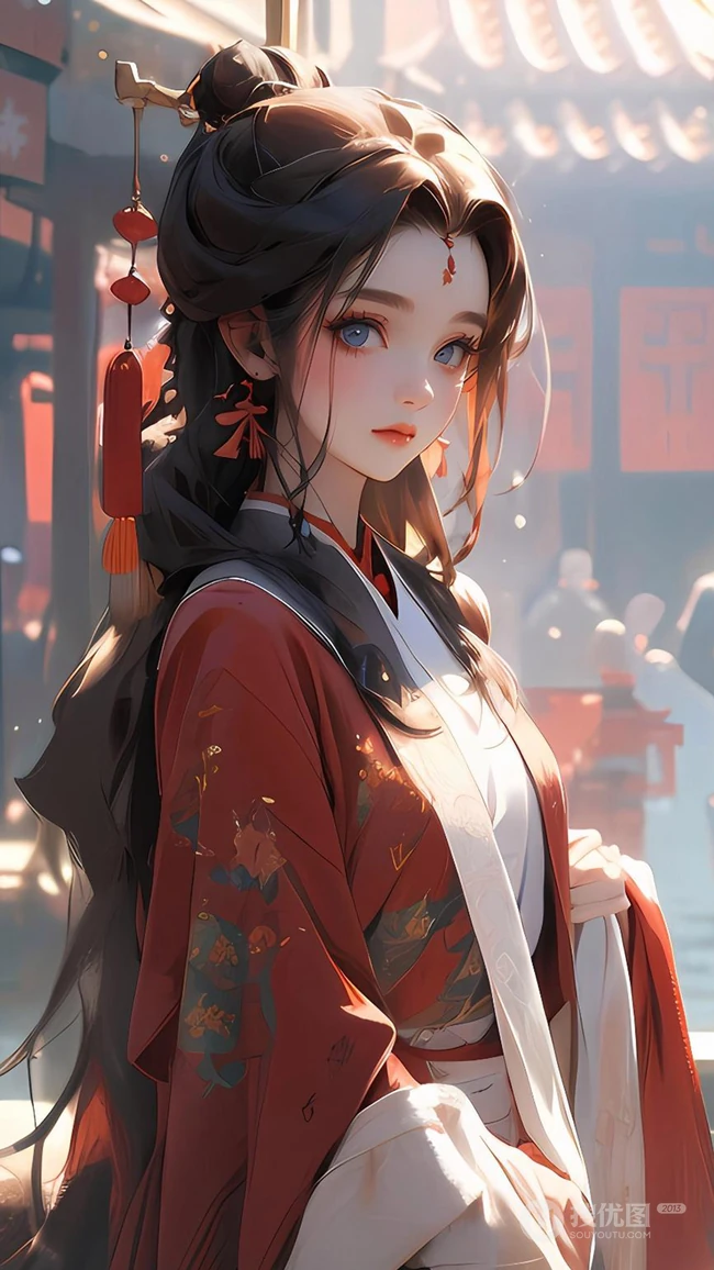 戴着小灯笼头钗的红衣古装长裙AI美女古街街边美图手机壁纸