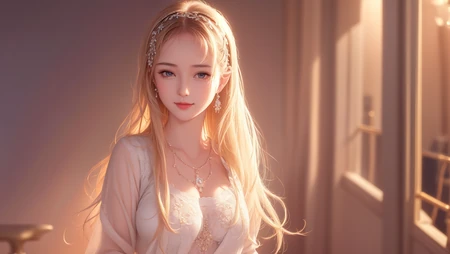 温暖的阳光，温馨的房，穿着白丝睡裙的性感AI美女眼神温柔桌面壁纸图片
