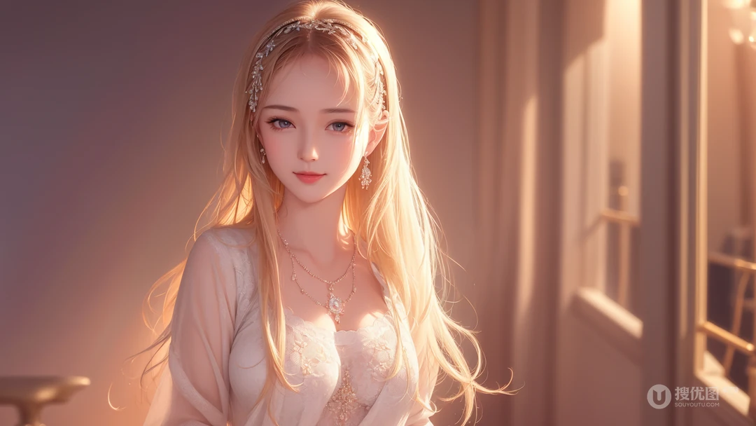 温暖的阳光，温馨的房，穿着白丝睡裙的性感AI美女眼神温柔桌面壁纸图片