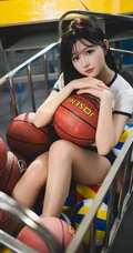 商场里坐在推车上的匀称漂亮运动学生装短裤女生和篮球可爱写真套图