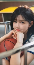 商场里坐在推车上的匀称漂亮运动学生装短裤女生和篮球可爱写真套图