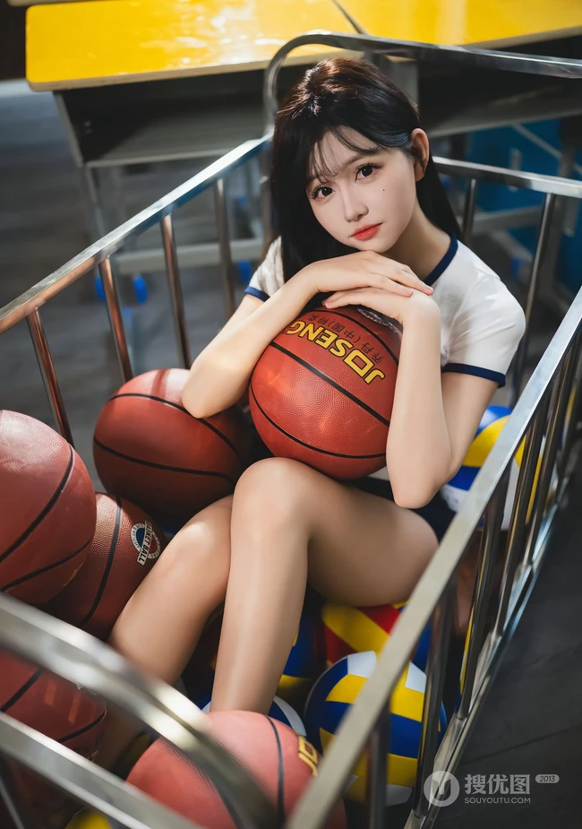 商场里坐在推车上的匀称漂亮运动学生装短裤女生和篮球可爱写真套图
