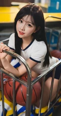 商场里坐在推车上的匀称漂亮运动学生装短裤女生和篮球可爱写真套图