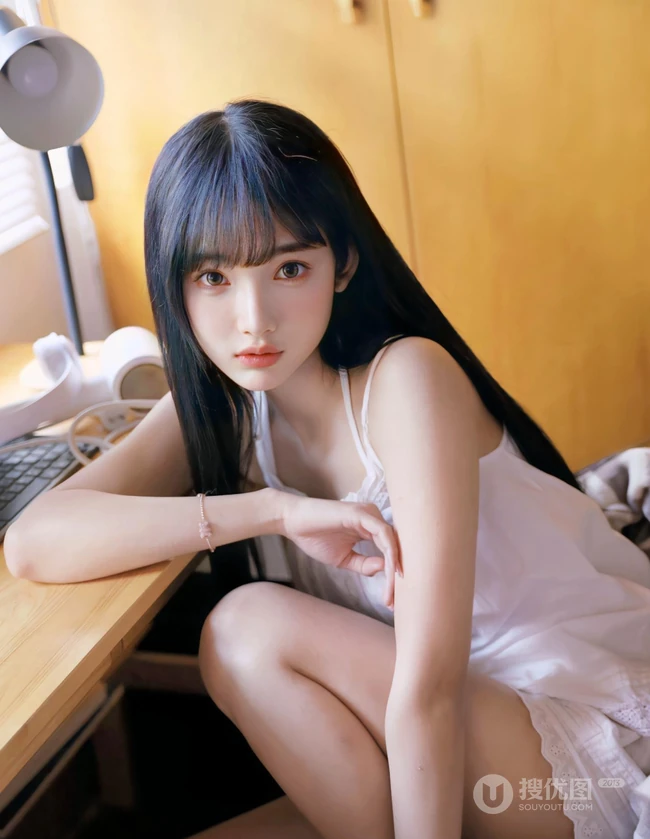 头上顶着书本，手拿小熊玩偶的超可爱漂亮女生肩带睡裙短裤居家室内照
