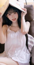 头上顶着书本，手拿小熊玩偶的超可爱漂亮女生肩带睡裙短裤居家室内照