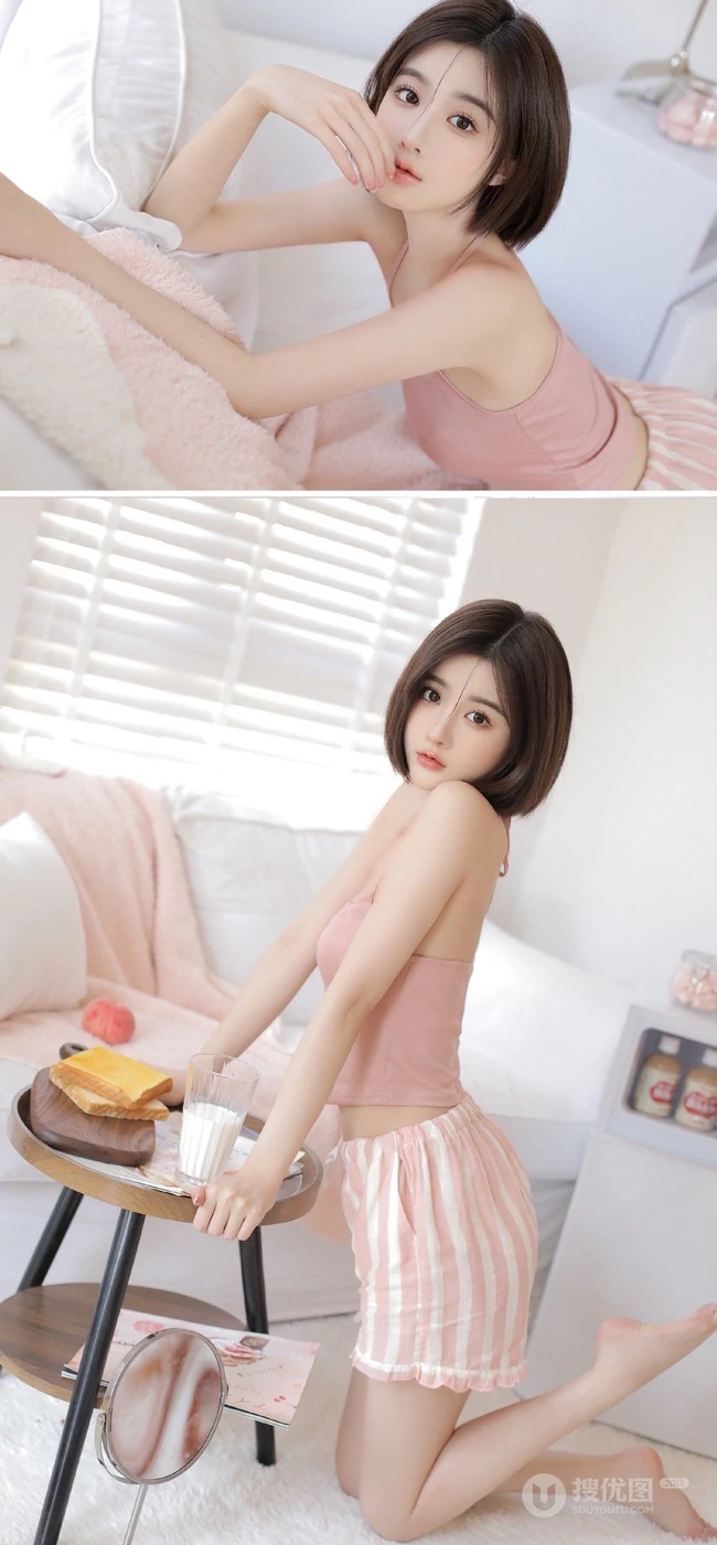 最喜欢女生的短短秀发，身段苗条气质的短发短裤高颜值女生室内写真美照
