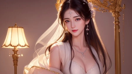 温馨灯光下，温柔似水，穿着白色新娘装的性感AI美女高清特写壁纸图片