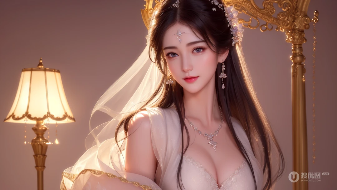 温馨灯光下，温柔似水，穿着白色新娘装的性感AI美女高清特写壁纸图片