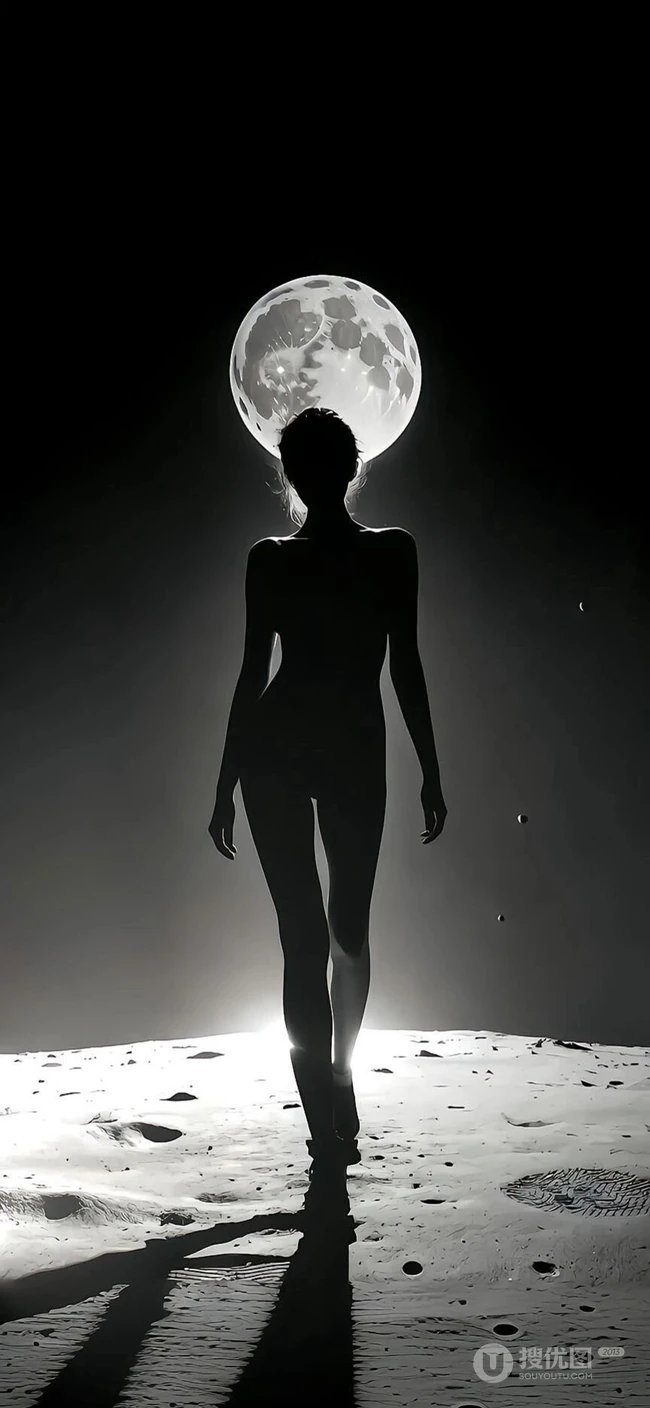 宛如站在月球表面，身后就是地球的性感女神妖娆身材黑白暗影手机壁纸图片