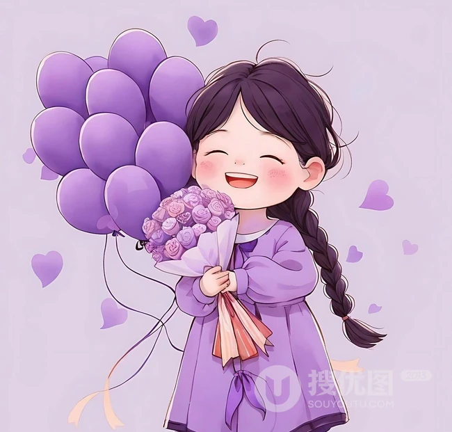 可爱紫色穿搭麻花辫卡通小女孩，抱着气球，花束等各种礼物笑宛如小精灵插画图片 第5张