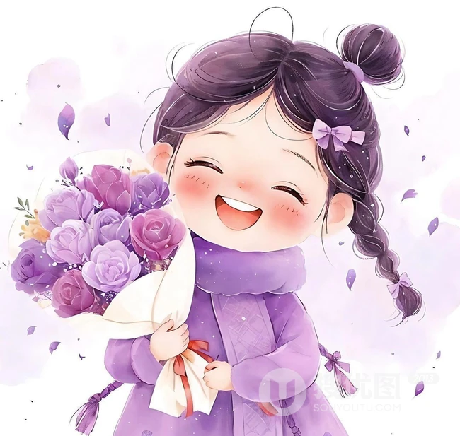 可爱紫色穿搭麻花辫卡通小女孩，抱着气球，花束等各种礼物笑宛如小精灵插画图片 第9张