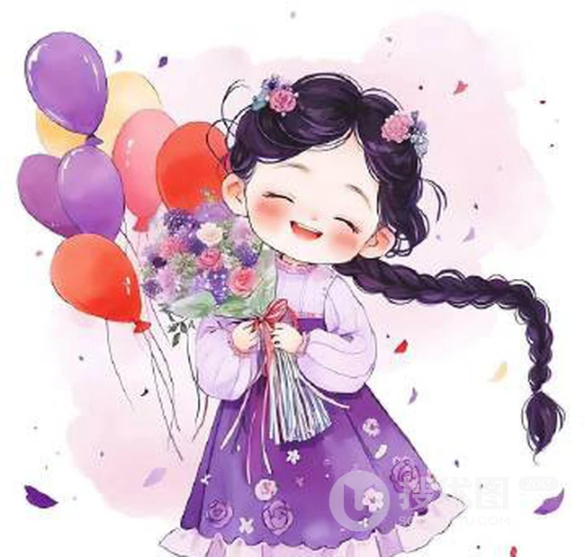 可爱紫色穿搭麻花辫卡通小女孩，抱着气球，花束等各种礼物笑宛如小精灵插画图片 第4张