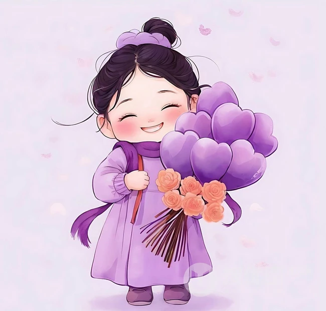 可爱紫色穿搭麻花辫卡通小女孩，抱着气球，花束等各种礼物笑宛如小精灵插画图片 第2张