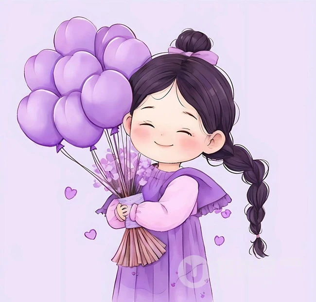 可爱紫色穿搭麻花辫卡通小女孩，抱着气球，花束等各种礼物笑宛如小精灵插画图片 第1张