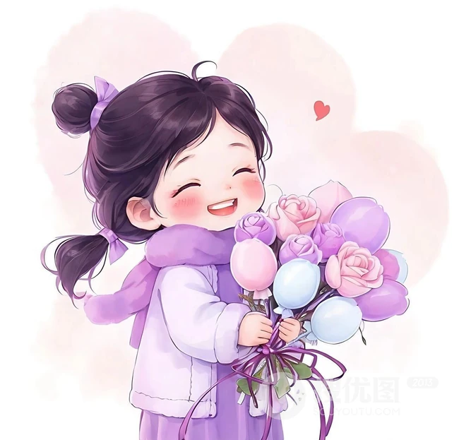 可爱紫色穿搭麻花辫卡通小女孩，抱着气球，花束等各种礼物笑宛如小精灵插画图片 第6张