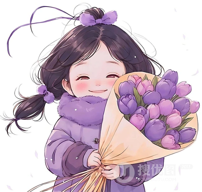 可爱紫色穿搭麻花辫卡通小女孩，抱着气球，花束等各种礼物笑宛如小精灵插画图片 第8张