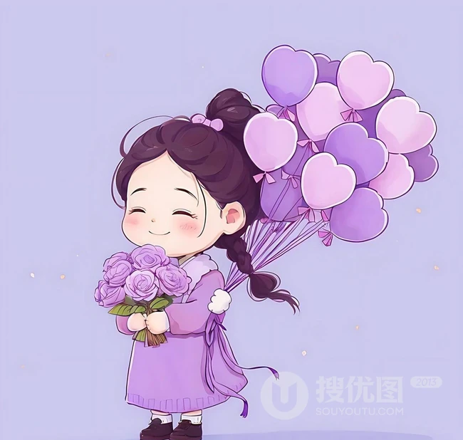 可爱紫色穿搭麻花辫卡通小女孩，抱着气球，花束等各种礼物笑宛如小精灵插画图片 第3张