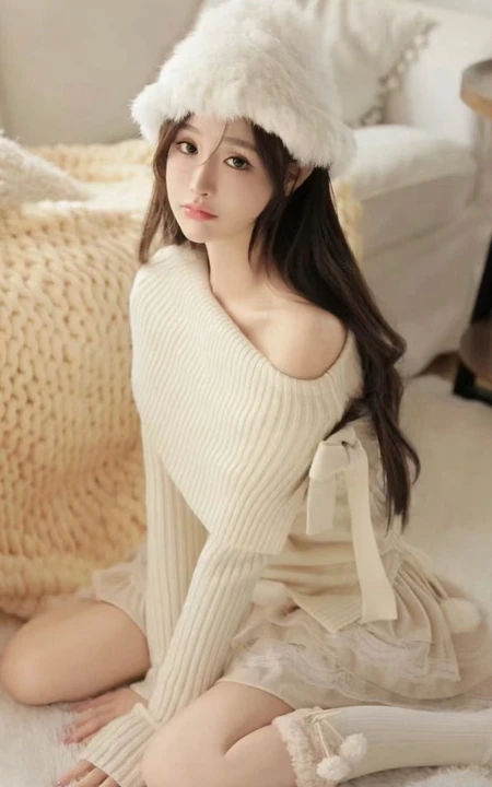 戴着一顶白色绒帽，针织裙，笑容甜美的女生小姐姐居家暖心室内写真图片