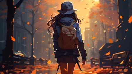 秋风萧瑟，微凉的秋日黄昏街头，行走在行道树街中的双肩包女生唯美壁纸图片