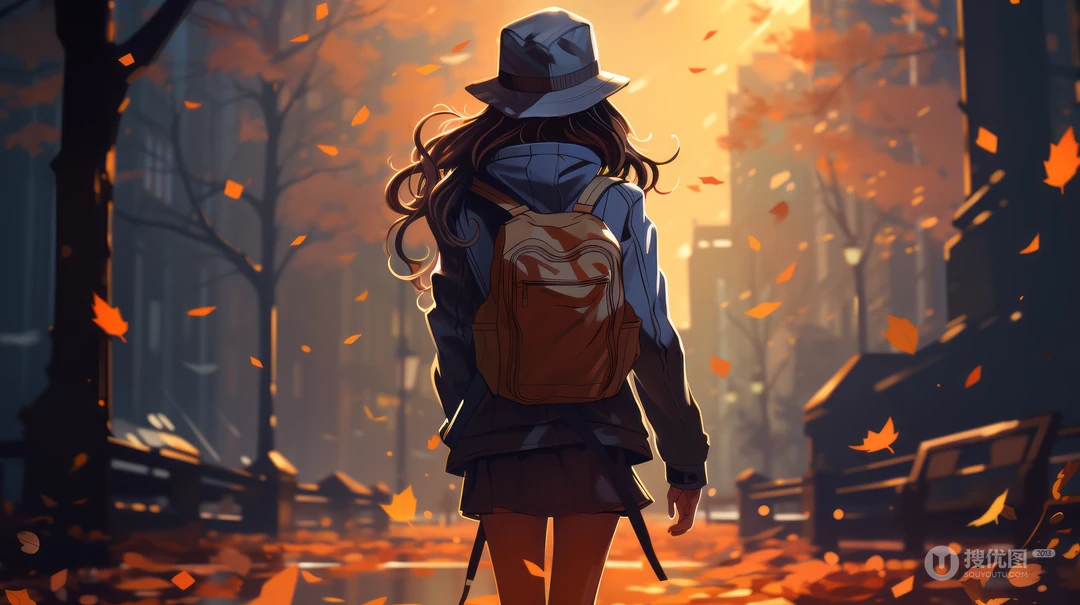 秋风萧瑟，微凉的秋日黄昏街头，行走在行道树街中的双肩包女生唯美壁纸图片