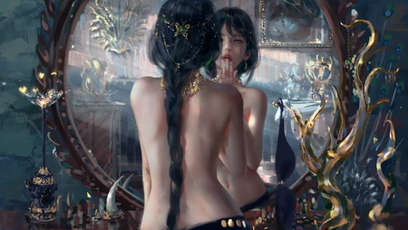 形容不来的绝对性感，在镜子前化妆的性感裸身美背动漫美女背影壁纸图片
