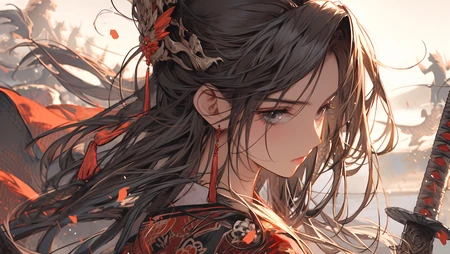 巾帼不让须眉，身着红装，手拿宝剑的古典中国风动漫美女插画壁纸图片
