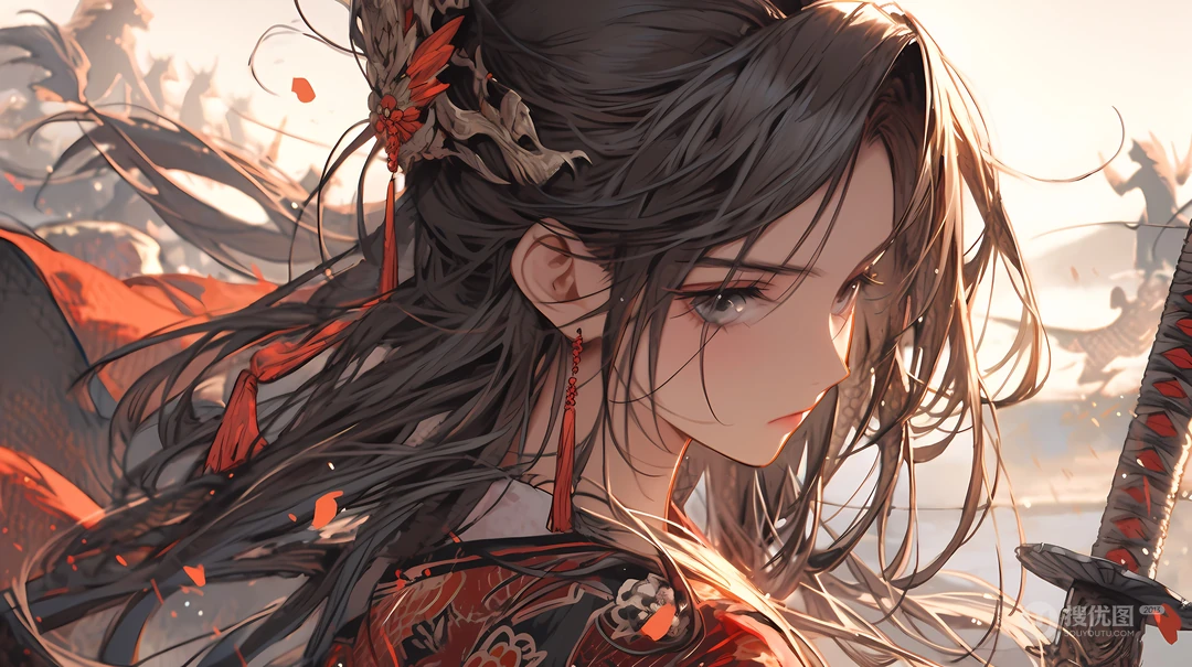 巾帼不让须眉，身着红装，手拿宝剑的古典中国风动漫美女插画壁纸图片
