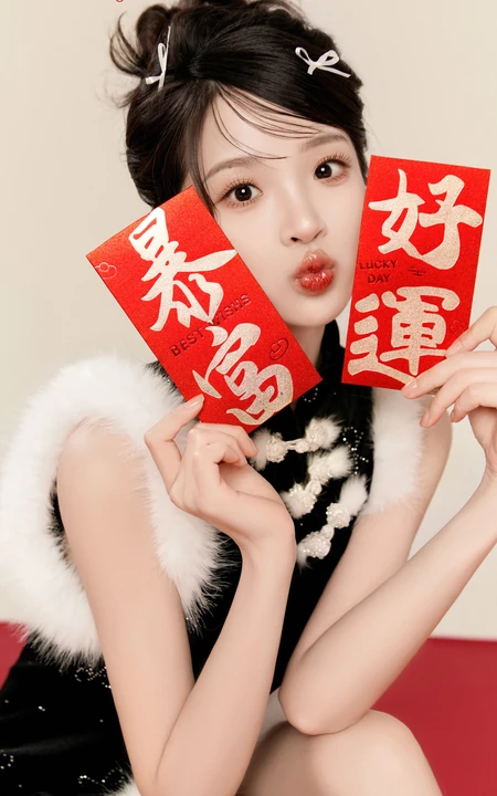 小姐姐给你拜年啦，手拿新年红包，灯笼，对联，糖葫芦的可爱女生新年写真套图