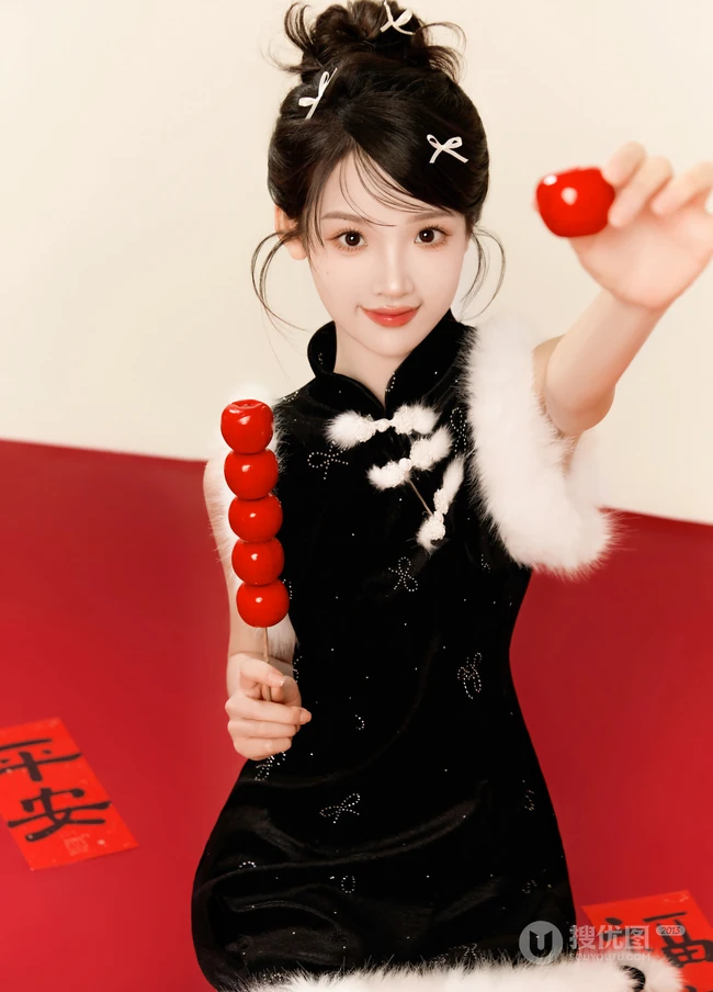 小姐姐给你拜年啦，手拿新年红包，灯笼，对联，糖葫芦的可爱女生新年写真套图