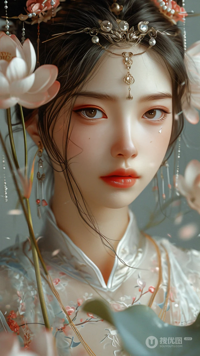古装古风动漫美女1，面容清冷的装扮美艳反差的古装AI美女手机壁纸图片
