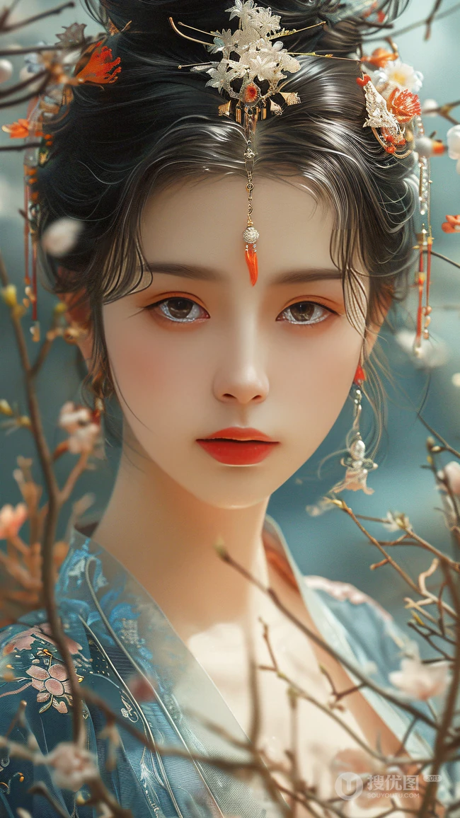 古装古风动漫美女2，头戴各种华贵装饰的古风AI动漫美女高清手机壁纸图片