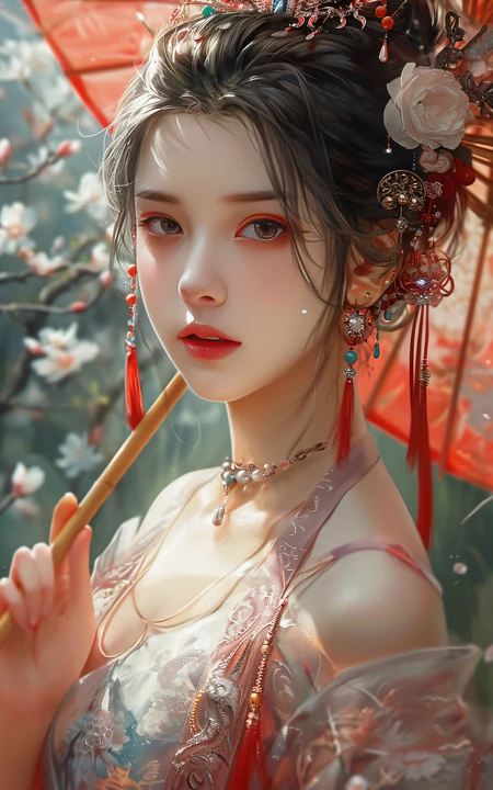 古装古风动漫美女3，打着一把红色雨伞的古装华贵美艳AI美女手机壁纸