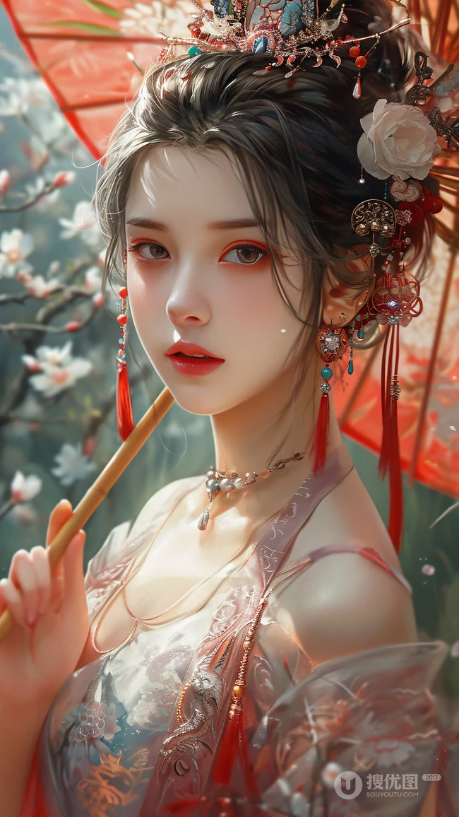 古装古风动漫美女3，打着一把红色雨伞的古装华贵美艳AI美女手机壁纸