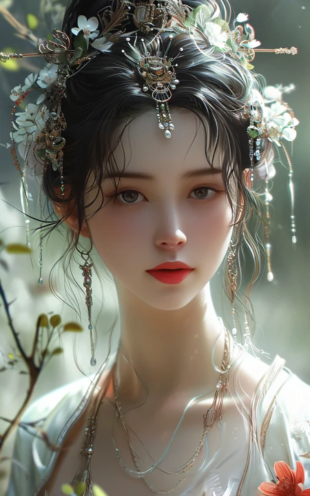 古装动漫美女4，绿色枝叶旁，打扮精致，头戴朱钗的白衣仙气AI美女手机壁纸
