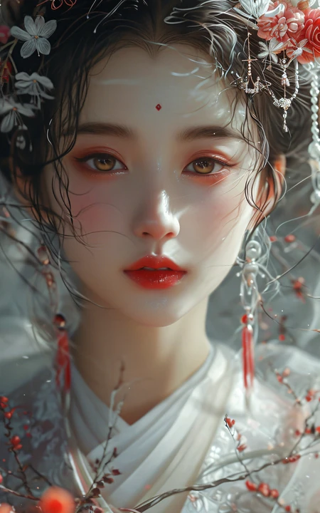 古装漫美女5，梨花带雨，粉色眼妆脸蛋装，头戴朱钗的古装AI美女手机壁纸