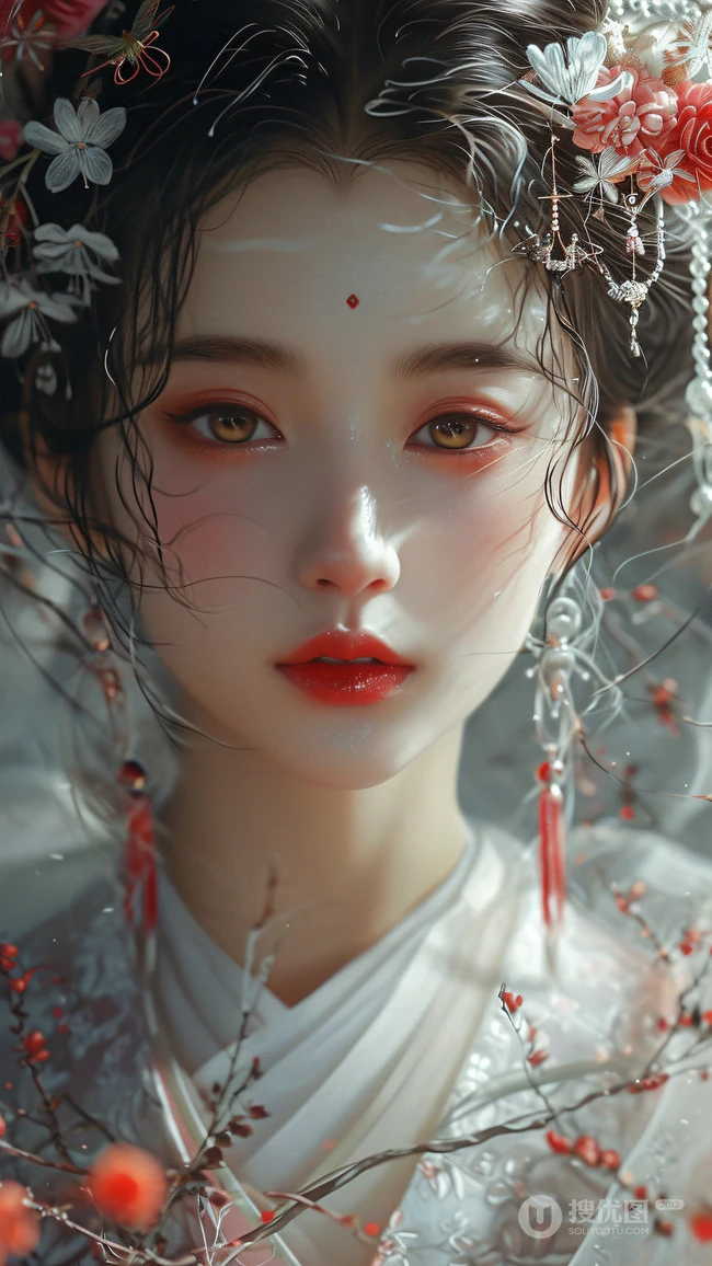 古装漫美女5，梨花带雨，粉色眼妆脸蛋装，头戴朱钗的古装AI美女手机壁纸
