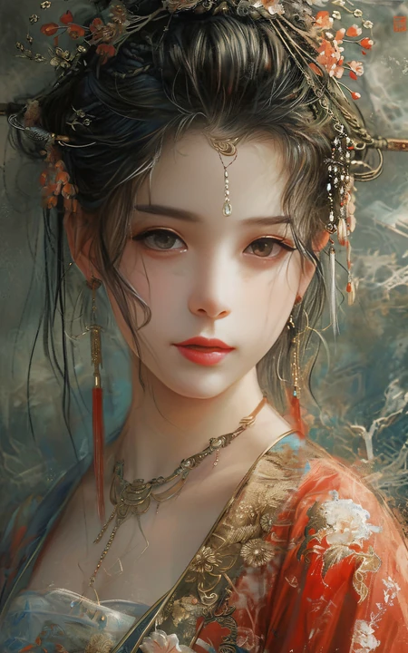 古装动漫美女6，粉嫩脸蛋，头戴华贵朱钗，着红装唐装的AI美女手机壁纸图