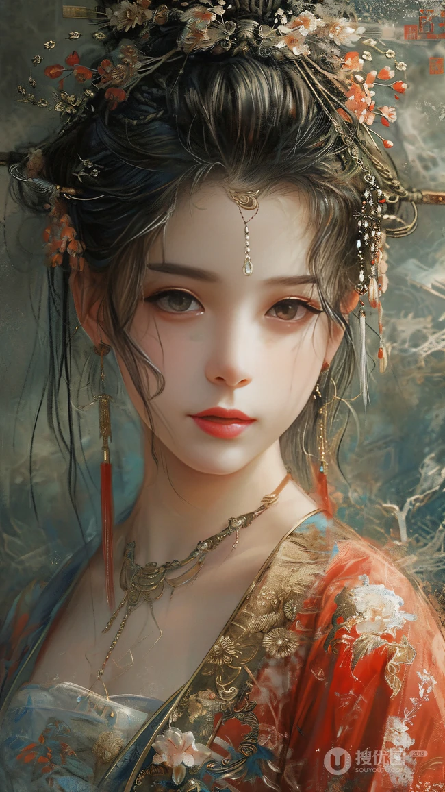 古装动漫美女6，粉嫩脸蛋，头戴华贵朱钗，着红装唐装的AI美女手机壁纸图