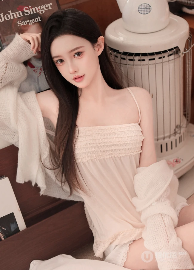 美的无处藏，一见就喜欢的高颜值黑直长发女生小姐姐肩带睡裙室内写真套图
