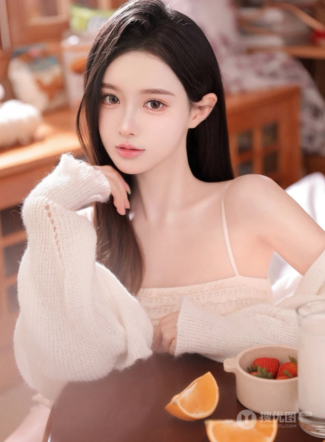 美的无处藏，一见就喜欢的高颜值黑直长发女生小姐姐肩带睡裙室内写真套图